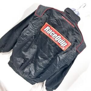 RACEQUIP! AUTHENTIC NYLON QUILTED BLACK W/RED, WHITE DRIVING/BIKER JACKET! SZ L